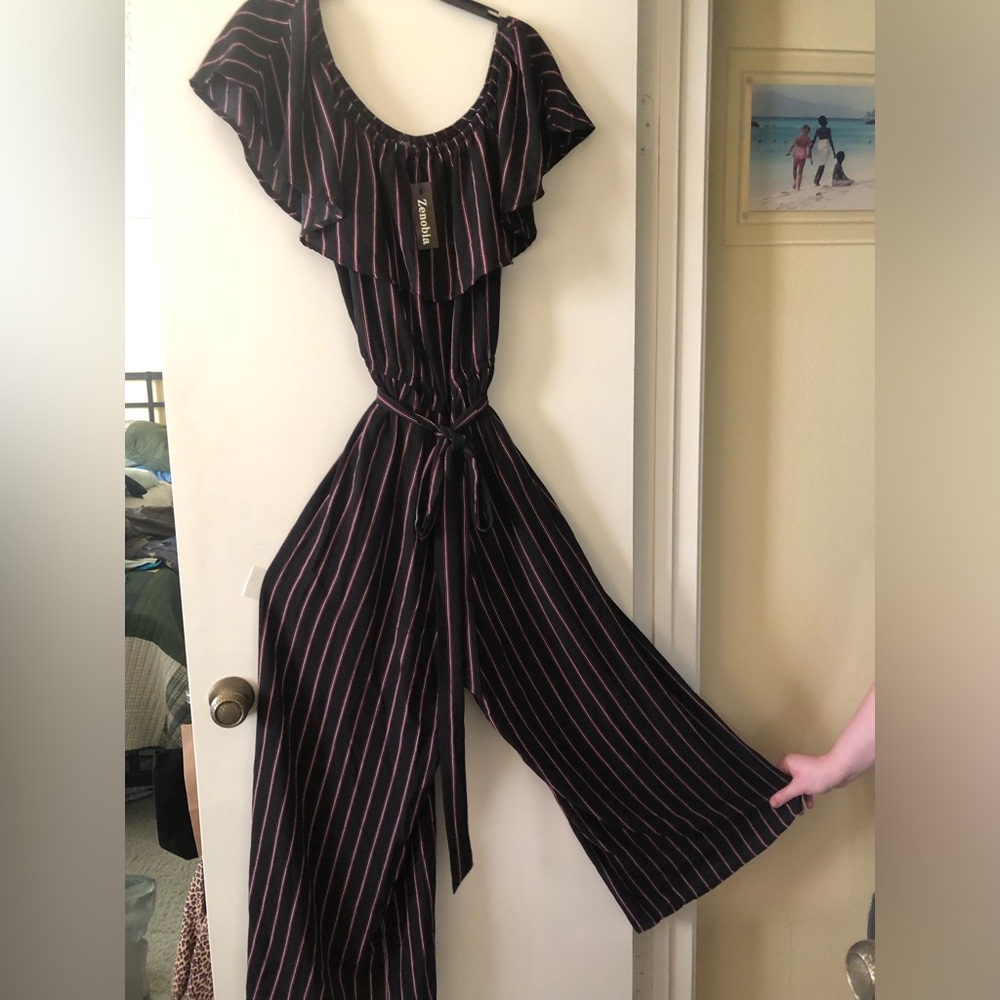 Romper: NWT / Zenobia Black, White, and Red Striped Jumpsuit